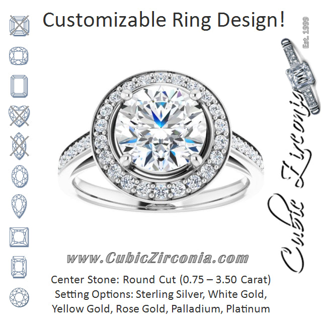 Cubic Zirconia Engagement Ring- The Natascha Eva (Customizable Cathedral-raised Round Cut Halo-and-Accented Band Design)