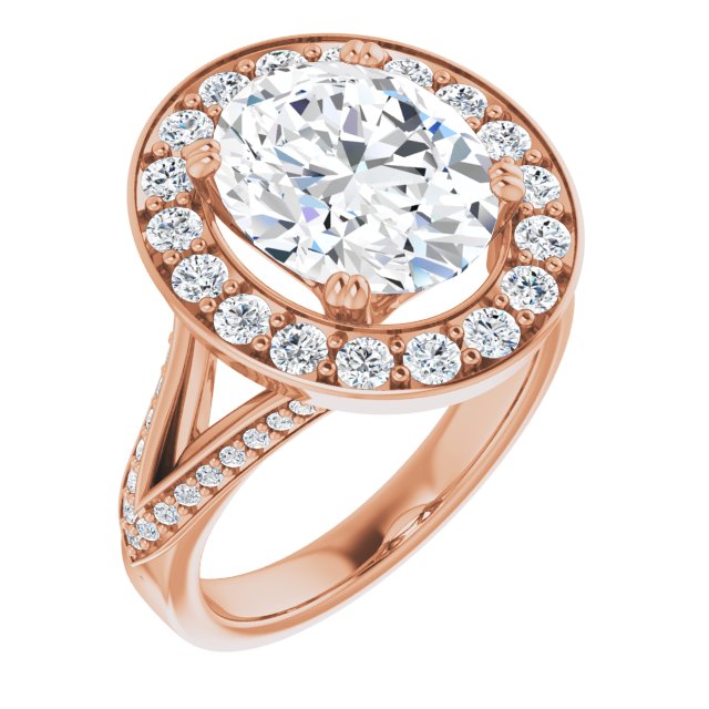 10K Rose Gold Customizable Oval Cut Center with Large-Accented Halo and Split Shared Prong Band