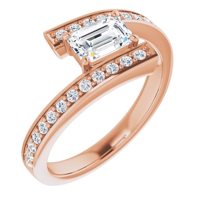10K Rose Gold Customizable Faux-Bar-set Emerald/Radiant Cut Design with Accented Bypass Band