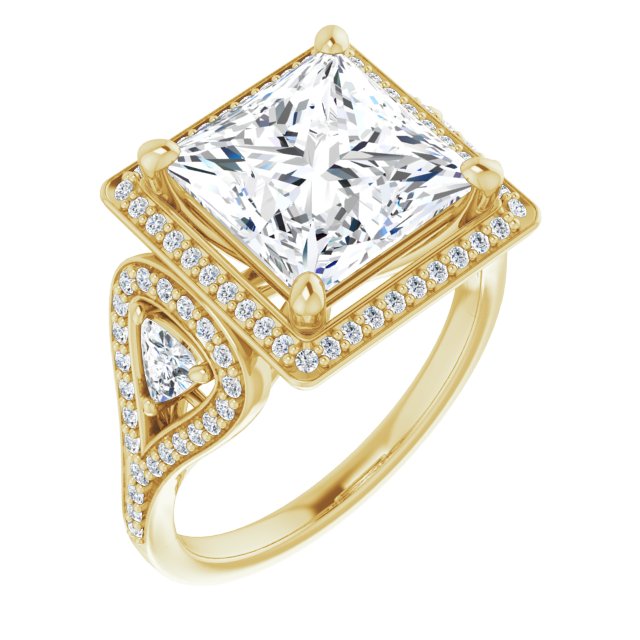10K Yellow Gold Customizable Cathedral-set Princess/Square Cut Design with 2 Trillion Cut Accents, Halo and Split-Shared Prong Band