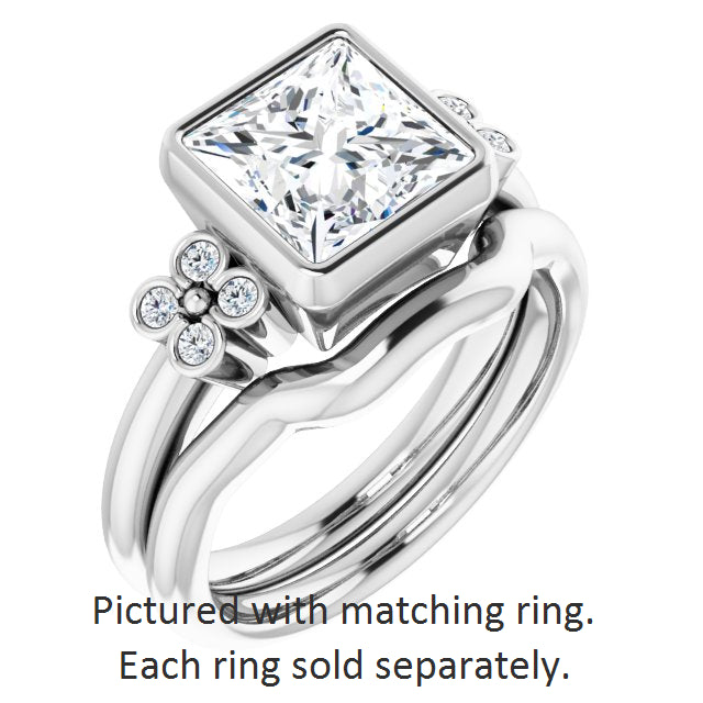 Cubic Zirconia Engagement Ring- The Kjerstin Rose (Customizable 9-stone Bezel-set Princess/Square Cut Design with Quad Round Bezel Side Stones Each Side)