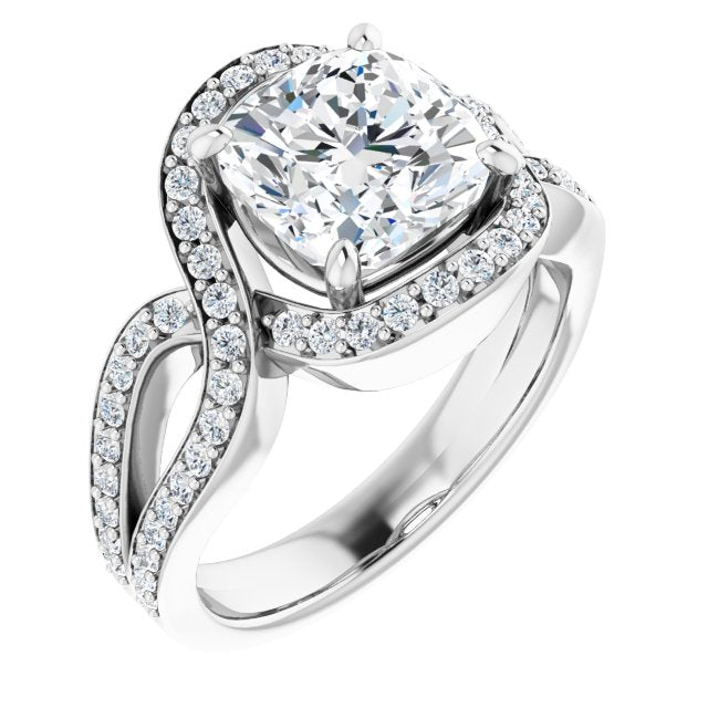 10K White Gold Customizable Cushion Cut Center with Infinity-inspired Split Shared Prong Band and Bypass Halo