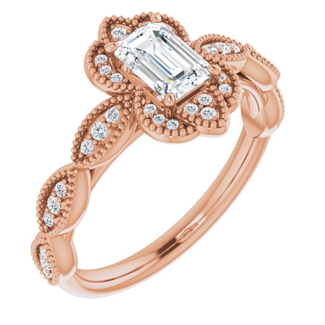10K Rose Gold Customizable Cathedral-style Emerald/Radiant Cut Design with Floral Segmented Halo & Milgrain+Accents Band
