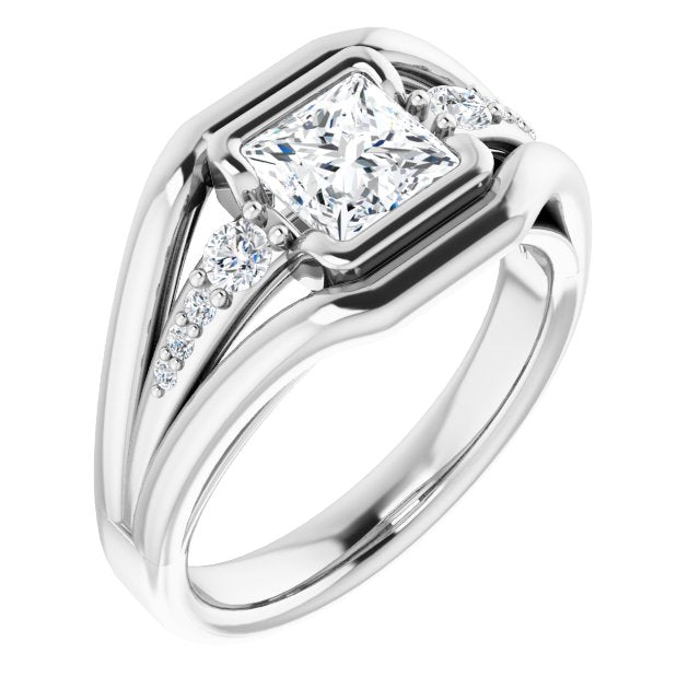 10K White Gold Customizable 9-stone Princess/Square Cut Design with Bezel Center, Wide Band and Round Prong Side Stones