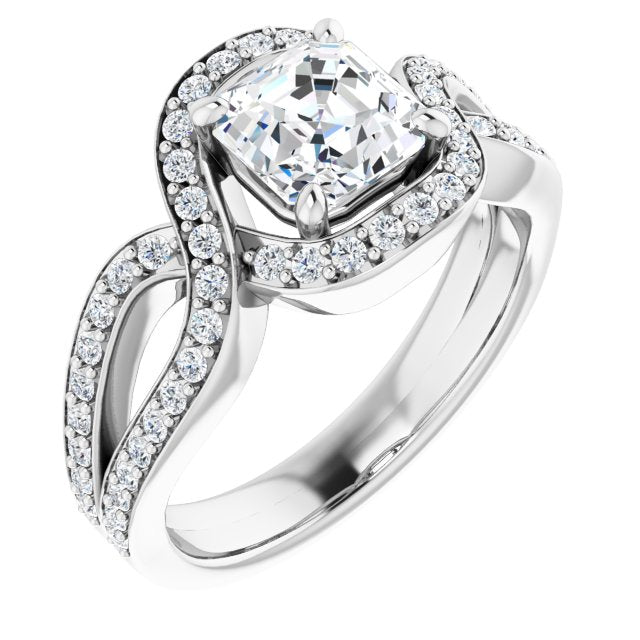 10K White Gold Customizable Asscher Cut Center with Infinity-inspired Split Shared Prong Band and Bypass Halo