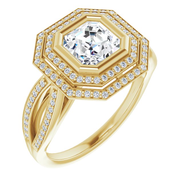 10K Yellow Gold Customizable Bezel-set Asscher Cut Style with Double Halo and Split Shared Prong Band