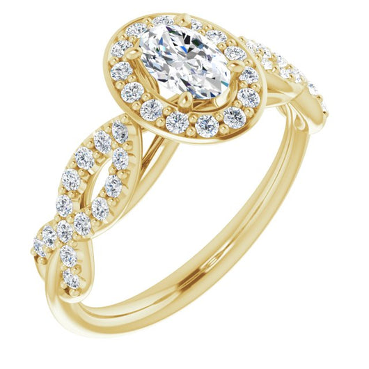 10K Yellow Gold Customizable Cathedral-Halo Oval Cut Design with Artisan Infinity-inspired Twisting Pavé Band