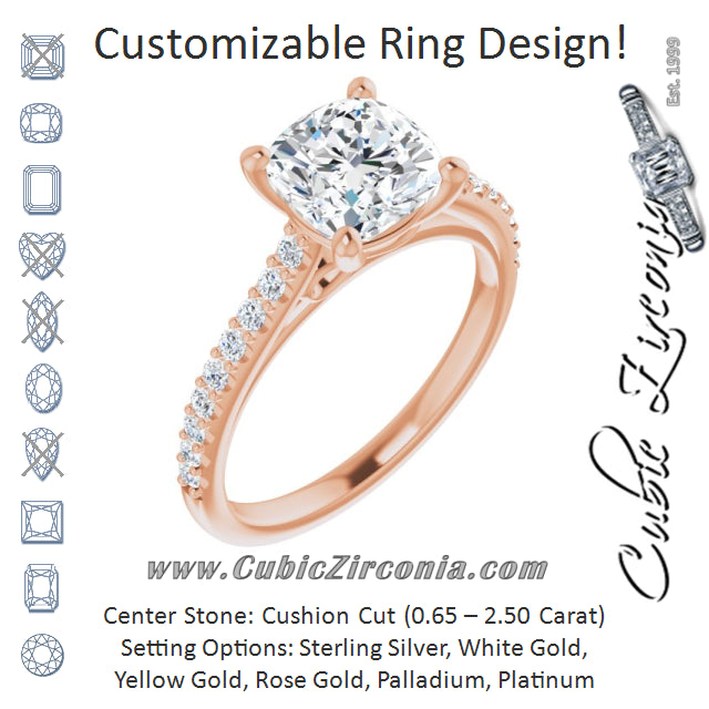 Cubic Zirconia Engagement Ring- The Diane (Customizable Cathedral-raised Cushion Cut Design with Accented Band and Infinity Symbol Trellis Decoration)