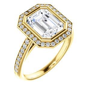 Cubic Zirconia Engagement Ring- The Samira (Customizable Halo-style Emerald Cut with Under-Halo Trellis and Thin Pavé Band)