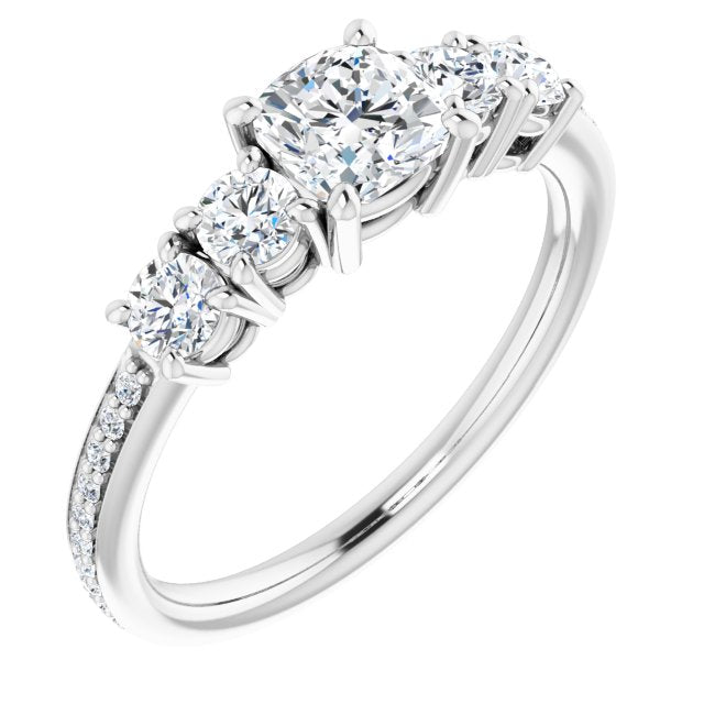 10K White Gold Customizable 5-stone Cushion Cut Design Enhanced with Accented Band