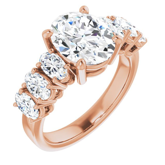 10K Rose Gold Customizable 7-stone Oval Cut Design with Large Round-Prong Side Stones