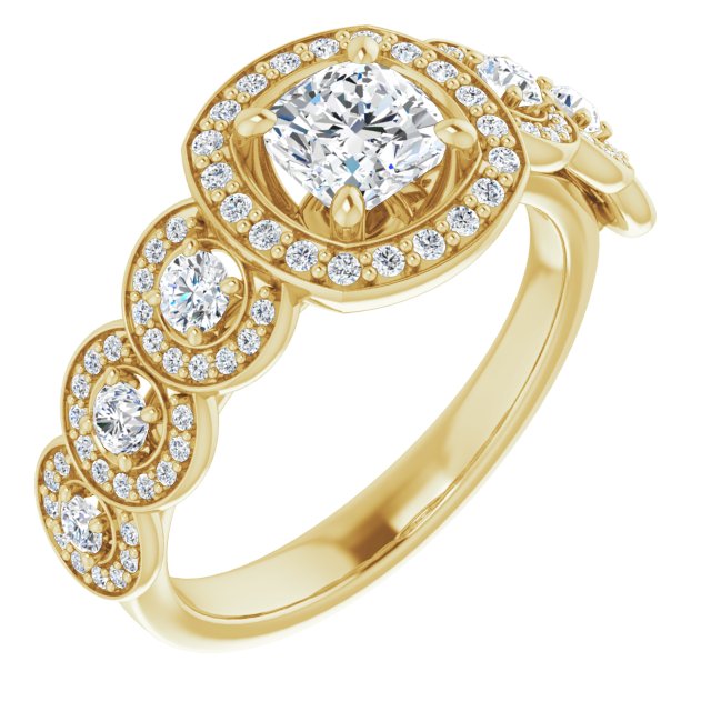 10K Yellow Gold Customizable Cathedral-set Cushion Cut 7-stone style Enhanced with 7 Halos