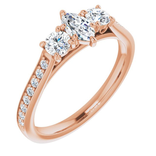 10K Rose Gold Customizable Marquise Cut Cathedral Setting with Filigree Design and Shared Prong Band