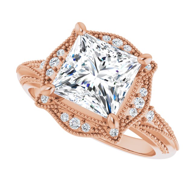 Cubic Zirconia Engagement Ring- The Ashton (Customizable Vintage Princess/Square Cut Design with Beaded Milgrain and Starburst Semi-Halo)