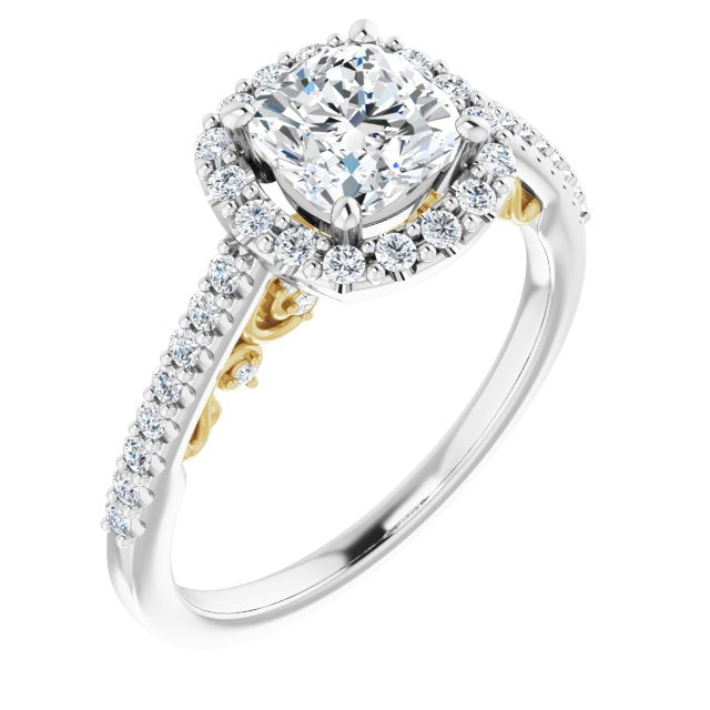 14K White & Yellow Gold Customizable Cathedral-Halo Cushion Cut Design with Carved Metal Accent plus Pavé Band