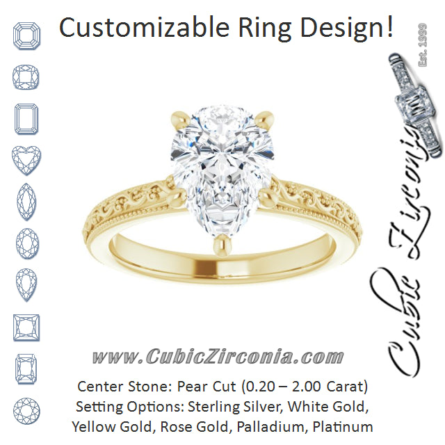 Cubic Zirconia Engagement Ring- The Conchita (Customizable Pear Cut Solitaire with Delicate Milgrain Filigree Band)