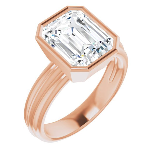 10K Rose Gold Customizable Bezel-set Emerald/Radiant Cut Solitaire with Grooved Band