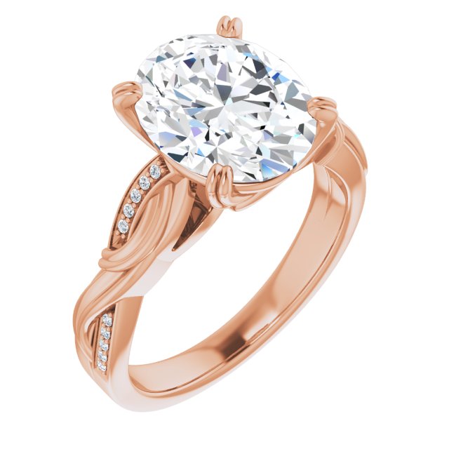 10K Rose Gold Customizable Cathedral-raised Oval Cut Design featuring Rope-Braided Half-Pavé Band