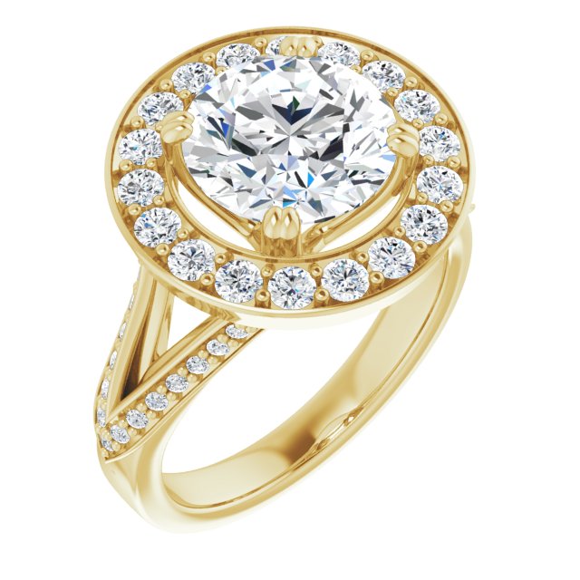 14K Yellow Gold Customizable Round Cut Center with Large-Accented Halo and Split Shared Prong Band