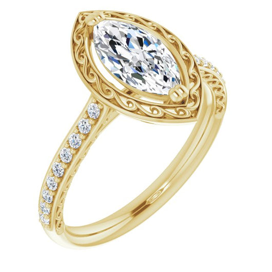 10K Yellow Gold Customizable Marquise Cut Halo Design with Filigree and Accented Band