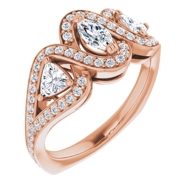 14K Rose Gold Customizable Marquise Cut Center with Twin Trillion Accents, Twisting Shared Prong Split Band, and Halo