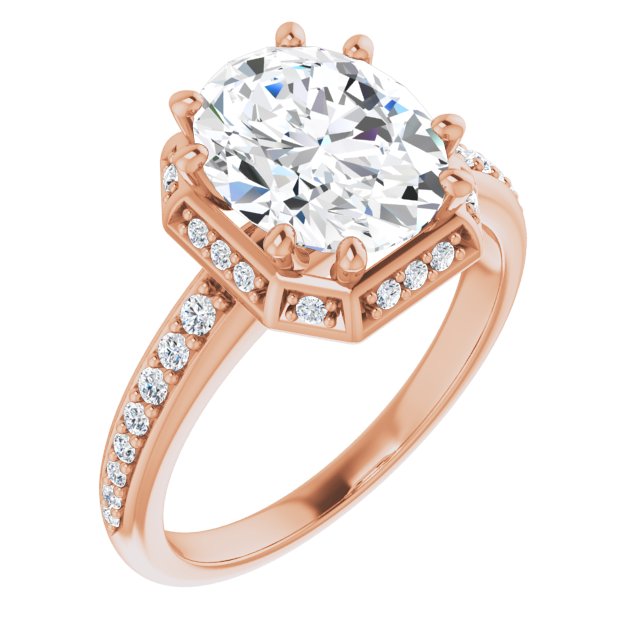 10K Rose Gold Customizable Oval Cut Design with Geometric Under-Halo and Shared Prong Band