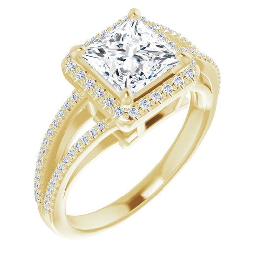 10K Yellow Gold Customizable Princess/Square Cut Vintage Design with Halo Style and Asymmetrical Split-Pavé Band