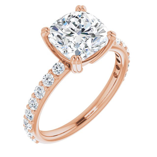 10K Rose Gold Customizable Cushion Cut Design with Large Round Cut 3/4 Band Accents
