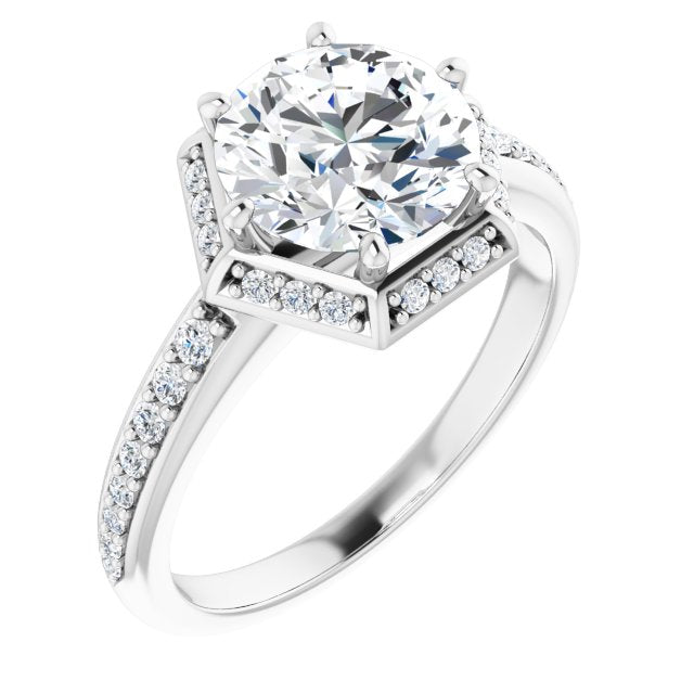 18K White Gold Customizable Round Cut Design with Geometric Under-Halo and Shared Prong Band