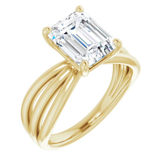 10K Yellow Gold Customizable Emerald/Radiant Cut Solitaire Design with Wide, Ribboned Split-band