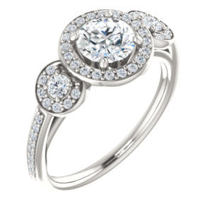 Cubic Zirconia Engagement Ring- The Téa (Round Cut Customizable 3-Stone Cathedral-Halo with Accented Band)