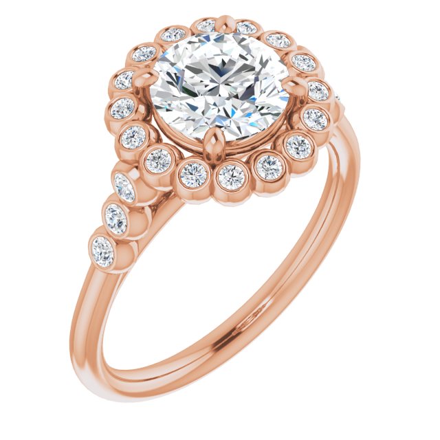 10K Rose Gold Customizable Round Cut Cathedral-Style Clustered Halo Design with Round Bezel Accents