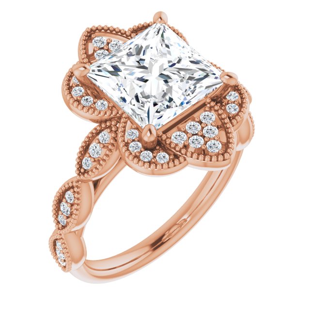 10K Rose Gold Customizable Cathedral-style Princess/Square Cut Design with Floral Segmented Halo & Milgrain+Accents Band