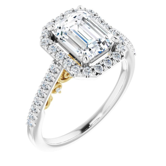 14K White & Yellow Gold Customizable Cathedral-Halo Emerald/Radiant Cut Design with Carved Metal Accent plus Pavé Band