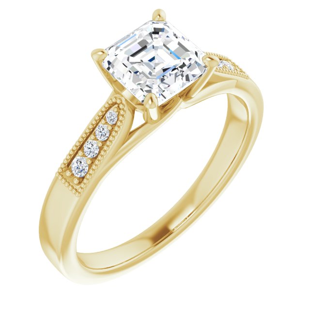 10K Yellow Gold Customizable 9-stone Vintage Design with Asscher Cut Center and Round Band Accents