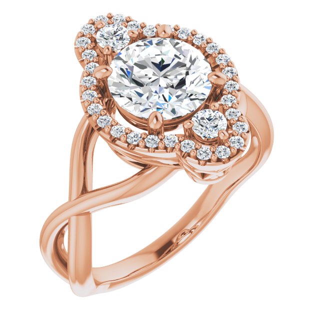 10K Rose Gold Customizable Vertical 3-stone Round Cut Design Enhanced with Multi-Halo Accents and Twisted Band