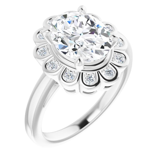 10K White Gold Customizable 9-stone Oval Cut Design with Round Bezel Side Stones