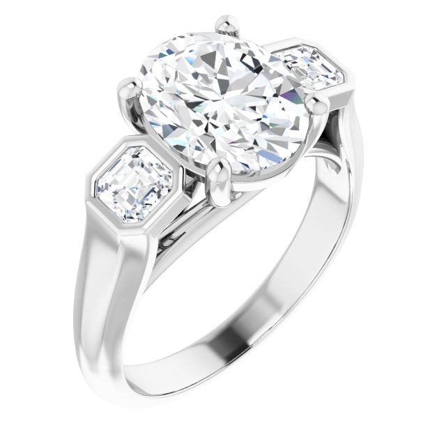 10K White Gold Customizable 3-stone Cathedral Oval Cut Design with Twin Asscher Cut Side Stones