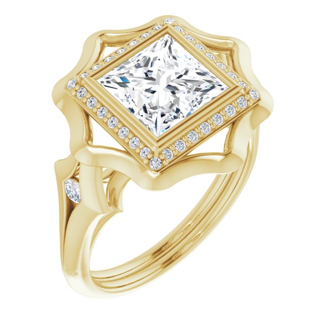 Cubic Zirconia Engagement Ring- The Jeanne (Customizable Bezel-set Princess/Square Cut with Halo & Oversized Floral Design)