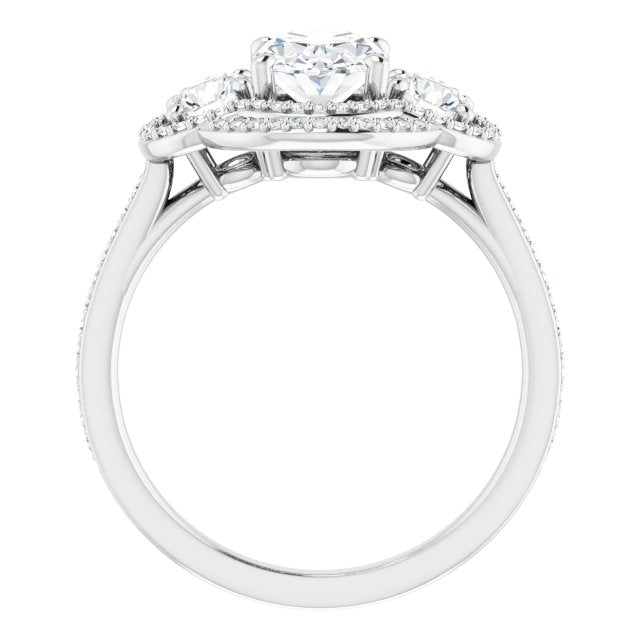 Cubic Zirconia Engagement Ring- The e'Mariana (Customizable Enhanced 3-stone Double-Halo Style with Oval Cut Center and Thin Band)