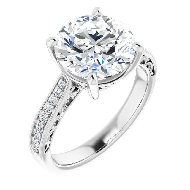 10K White Gold Customizable Round Cut Design with Round Band Accents and Three-sided Filigree Engraving