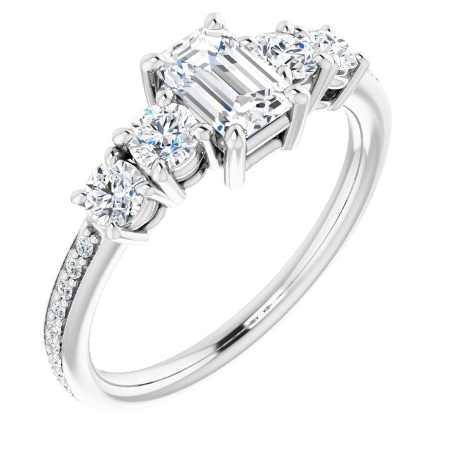 10K White Gold Customizable 5-stone Emerald/Radiant Cut Design Enhanced with Accented Band