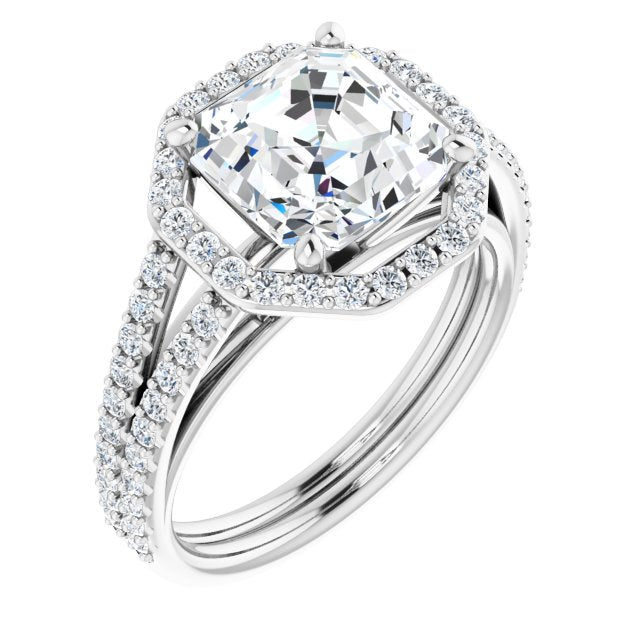 10K White Gold Customizable Cathedral Asscher Cut Design with Geometric Halo & Split Pavé Band