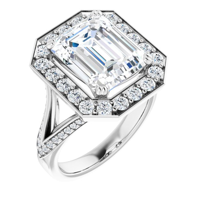 10K White Gold Customizable Emerald/Radiant Cut Center with Large-Accented Halo and Split Shared Prong Band