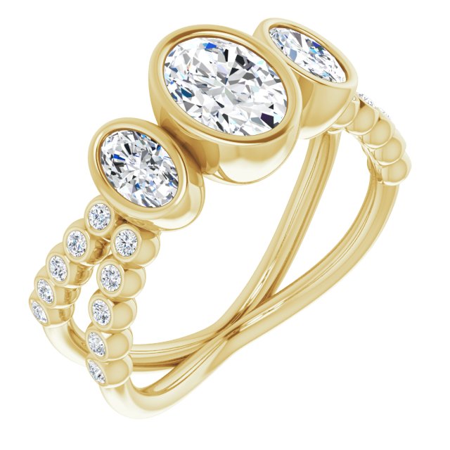 10K Yellow Gold Customizable Bezel-set Oval Cut Design with Dual Bezel-Oval Accents and Round-Bezel Accented Split Band