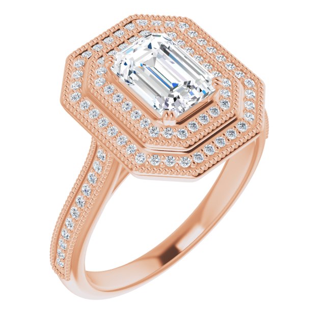 10K Rose Gold Customizable Emerald/Radiant Cut Design with Elegant Double Halo, Houndstooth Milgrain and Band-Channel Accents