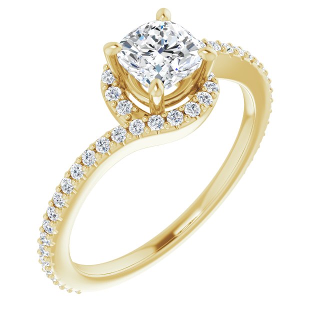 10K Yellow Gold Customizable Artisan Cushion Cut Design with Thin, Accented Bypass Band