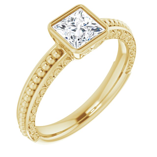 10K Yellow Gold Customizable Bezel-set Princess/Square Cut Solitaire with Beaded and Carved Three-sided Band
