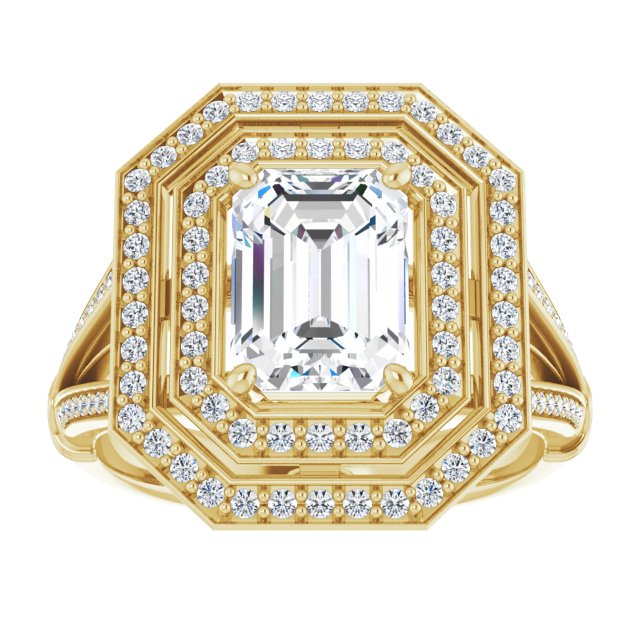 Cubic Zirconia Engagement Ring- The Chaunte (Customizable Cathedral-set Radiant Cut Design with Double Halo, Wide Split-Shared Prong Band and Side Knuckle Accents)
