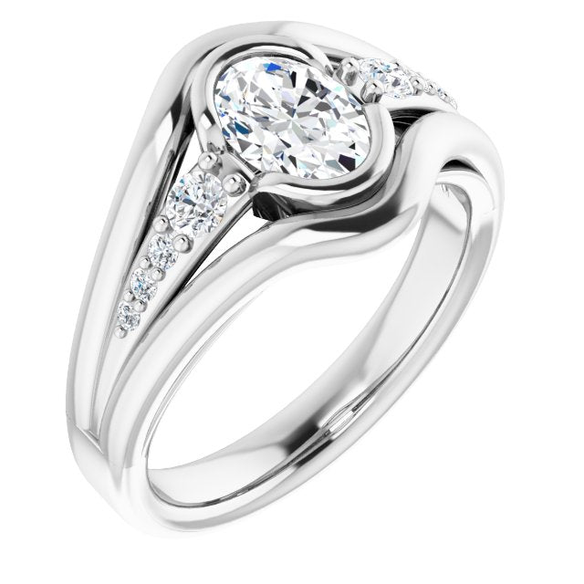 10K White Gold Customizable 9-stone Oval Cut Design with Bezel Center, Wide Band and Round Prong Side Stones